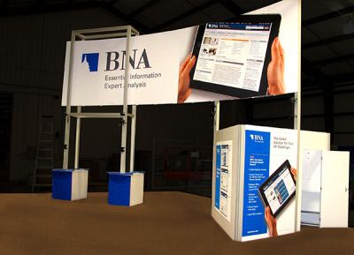 Custom trade show exhibit structures, like design # 53643 stand out on the convention floor. Draw eyes to your trade show booth with exciting custom exhibits & displays. We can customize any trade show exhibit or display to your specifications.