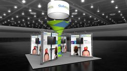 Custom trade show exhibit structures, like design # 100412V1 stand out on the convention floor. Draw eyes to your trade show booth with exciting custom exhibits & displays. We can customize any trade show exhibit or display to your specifications.