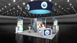 Custom trade show exhibit structures, like design # 100840V1 stand out on the convention floor. Draw eyes to your trade show booth with exciting custom exhibits & displays. We can customize any trade show exhibit or display to your specifications.
