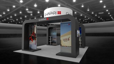 Custom trade show exhibit structures, like design # 105477V1 stand out on the convention floor. Draw eyes to your trade show booth with exciting custom exhibits & displays. We can customize any trade show exhibit or display to your specifications.