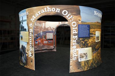Custom trade show exhibit structures, like design # 325776 stand out on the convention floor. Draw eyes to your trade show booth with exciting custom exhibits & displays. We can customize any trade show exhibit or display to your specifications.
