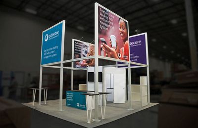 Custom trade show exhibit structures, like design # 606143 stand out on the convention floor. Draw eyes to your trade show booth with exciting custom exhibits & displays. We can customize any trade show exhibit or display to your specifications.