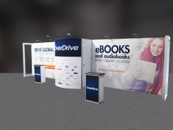 Custom trade show exhibit structures, like design # 69477R3 stand out on the convention floor. Draw eyes to your trade show booth with exciting custom exhibits & displays. We can customize any trade show exhibit or display to your specifications.