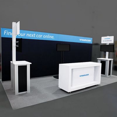 Custom trade show exhibit structures, like design # 0743704 stand out on the convention floor. Draw eyes to your trade show booth with exciting custom exhibits & displays. We can customize any trade show exhibit or display to your specifications.