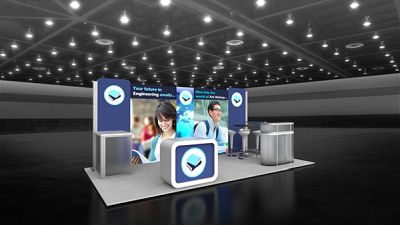 Custom trade show exhibit structures, like design # 100840V1 stand out on the convention floor. Draw eyes to your trade show booth with exciting custom exhibits & displays. We can customize any trade show exhibit or display to your specifications.