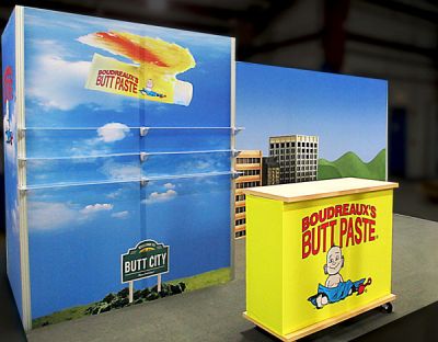 Custom trade show exhibit structures, like design # 324910 stand out on the convention floor. Draw eyes to your trade show booth with exciting custom exhibits & displays. We can customize any trade show exhibit or display to your specifications.