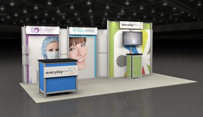Custom trade show exhibit structures, like design # 57298 stand out on the convention floor. Draw eyes to your trade show booth with exciting custom exhibits & displays. We can customize any trade show exhibit or display to your specifications.