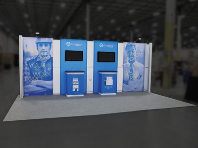 Custom trade show exhibit structures, like design # 711825 stand out on the convention floor. Draw eyes to your trade show booth with exciting custom exhibits & displays. We can customize any trade show exhibit or display to your specifications.