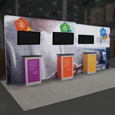 Custom trade show exhibit structures, like design # 741648 stand out on the convention floor. Draw eyes to your trade show booth with exciting custom exhibits & displays. We can customize any trade show exhibit or display to your specifications.