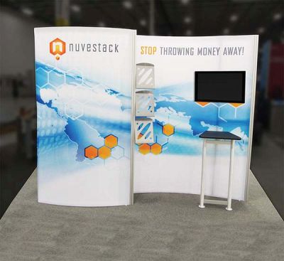 Custom trade show exhibit structures, like design # 584643 stand out on the convention floor. Draw eyes to your trade show booth with exciting custom exhibits & displays. We can customize any trade show exhibit or display to your specifications.