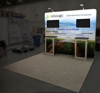 Custom trade show exhibit structures, like design # 641385 stand out on the convention floor. Draw eyes to your trade show booth with exciting custom exhibits & displays. We can customize any trade show exhibit or display to your specifications.