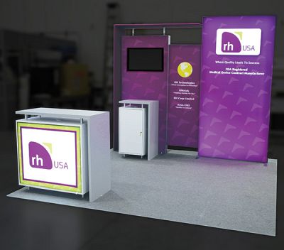 Custom trade show exhibit structures, like design # 675758 stand out on the convention floor. Draw eyes to your trade show booth with exciting custom exhibits & displays. We can customize any trade show exhibit or display to your specifications.