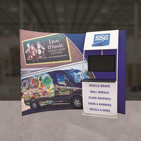 Custom trade show exhibit structures, like design # 731220 stand out on the convention floor. Draw eyes to your trade show booth with exciting custom exhibits & displays. We can customize any trade show exhibit or display to your specifications.