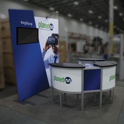 Custom trade show exhibit structures, like design # 842371 stand out on the convention floor. Draw eyes to your trade show booth with exciting custom exhibits & displays. We can customize any trade show exhibit or display to your specifications.