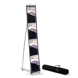 The MeshTex literature stand is rollable, compact and easy to transport. The display sets up in seconds and includes a travel bag for storage. Each sleeve can typically fit a 10 oz brochure. The single width unit features 4 mesh pockets