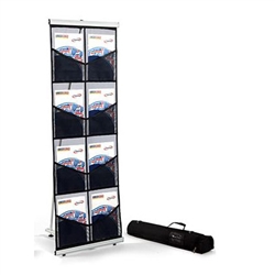 The MeshTex literature stand is rollable, compact and easy to transport. The display sets up in seconds and includes a travel bag for storage. Each sleeve can typically fit a 10 oz brochure. The double width unit features 8 mesh pockets