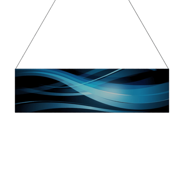 14ft x 4ft Double-Sided Flat Hanging Sign (Graphic & Hardware) is a must have at your next trade show. This ceiling banner is printed on quality fabric. Available shapes hanging sign are round, flat, square, curved square, tapered square and triangle
