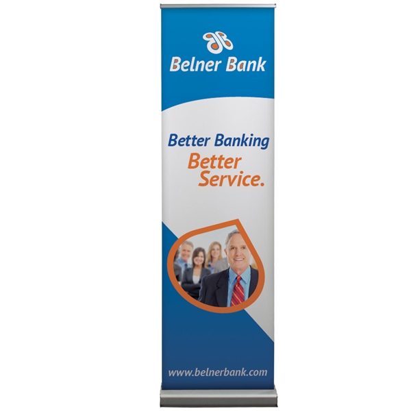 24in Optimum Retractor Bannerstand Dye-Sub Single-Sided Kit. Optimize your space and double-up your message with this versatile and durable Optimum Double Sided Retractable Banner Stand! Retractable banner stands for every need.
