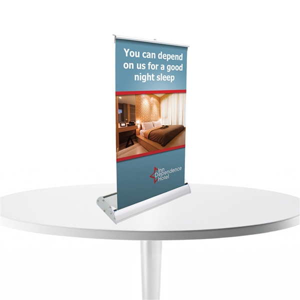 8in x 16in Deluxe Mini Retractor TableTop Banner Stand Kit a tabletop display solution that will not tip over. Tabletop banner stands are highly portable for marketing on the go, also great for counter marketing.