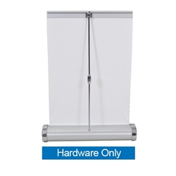 The 8.25inW x 11.75inH Small Mini Promo Retractor Table Top Banner Hardware offers the ability to show your message on both sides of the display. When not in use the base protects your graphics as you move from place to place.