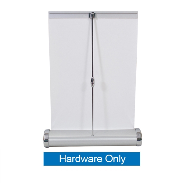 The 8.25inW x 11.75inH Small Mini Promo Retractor Table Top Banner Hardware offers the ability to show your message on both sides of the display. When not in use the base protects your graphics as you move from place to place.