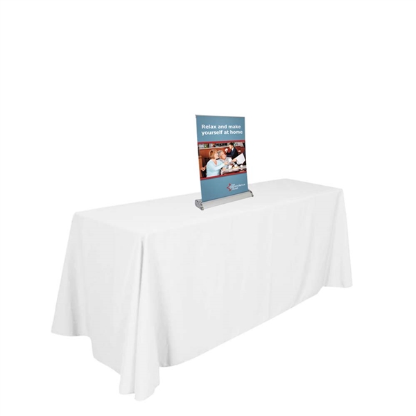 11in x 17in Retractable Table Top Banner Stand. The Large Pro Retractor Table Top Banner Kit offers the ability to show your message on both sides of the display. When not in use the base protects your graphics as you move from place to place.