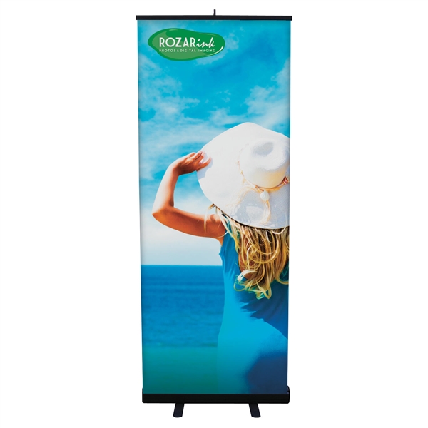 31.5in Economy Retractor Banner Stand with Vinyl Print Black the most economical retractor on the market. Its lighter duty mechanism makes it appropriate for temporary displays or for advertising seasonal specials.