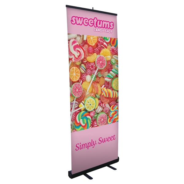 31.5in Economy Retractor Banner Stand with Fabric Print Black the most economical retractor on the market. Its lighter duty mechanism makes it appropriate for temporary displays or for advertising seasonal specials.