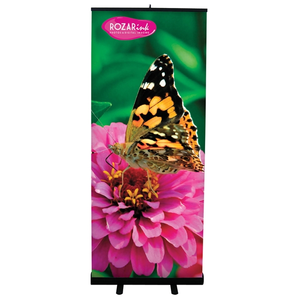 33.5in Economy Retractor Banner Stand with Vinyl Print Black the most economical retractor on the market. Its lighter duty mechanism makes it appropriate for temporary displays or for advertising seasonal specials.