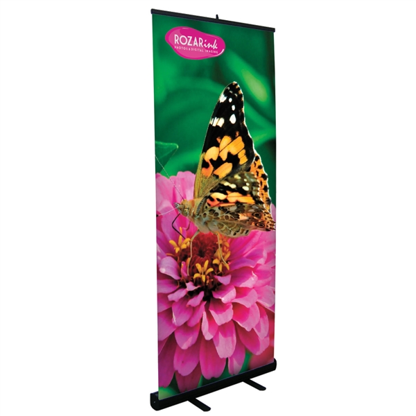 33.5in Economy Retractor Banner Stand with Vinyl Print Silver the most economical retractor on the market. Its lighter duty mechanism makes it appropriate for temporary displays or for advertising seasonal specials.