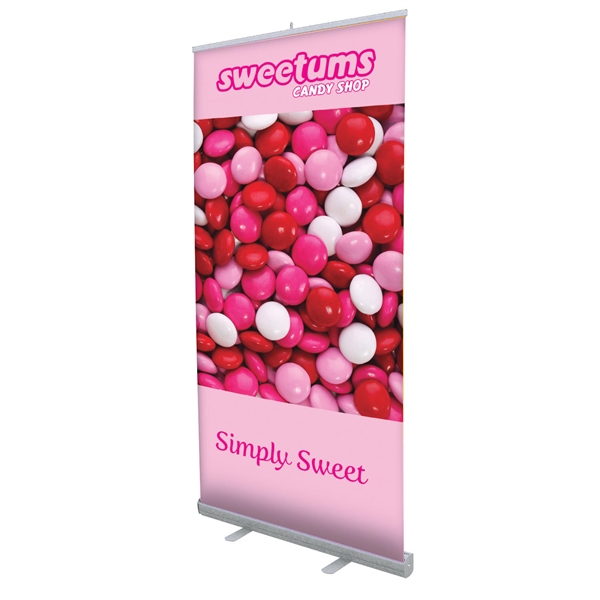 36in Economy Retractor Banner Stand with Fabric Print Silver the most economical retractor on the market. Its lighter duty mechanism makes it appropriate for temporary displays or for advertising seasonal specials.