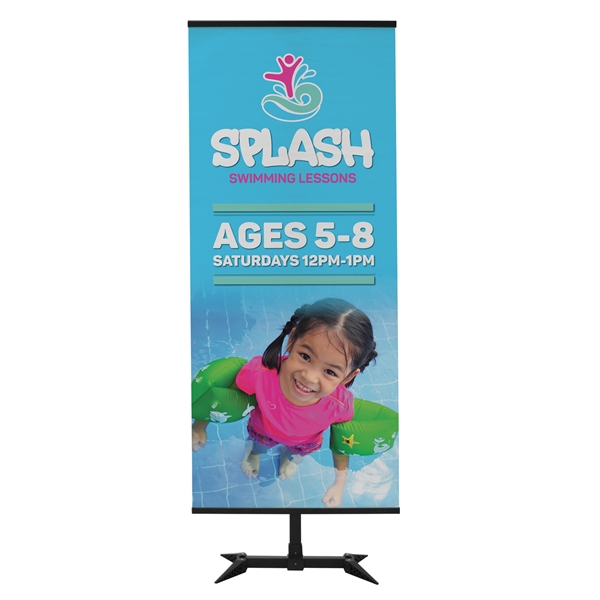 3ft x 7ft Base-X Banner Display Kit - Single-Sided. This banner display makes use of the fold-out feet from our popular FrameWorx line to create a stylish look with a small footprint.