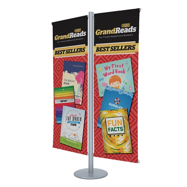 4ft x 6ft Flex Double-Banner Display Kit. This display's versatile central post can be customized with banners and lit racks. We've created three kits to get started, but add-ons are interchangeable so you can create your own configuration.