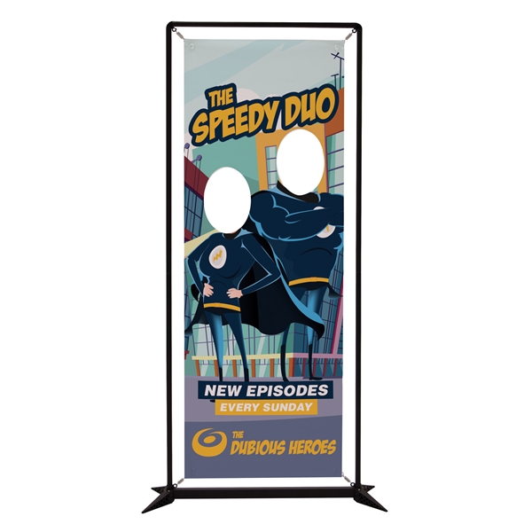 3ft x 7ft FrameWorx Face Cutout Titan 13 oz. Smooth Scrim Vinyl Single-Sided Double Kit. Let your guests become part of the show with this creative spin on our traditional FrameWorx display.