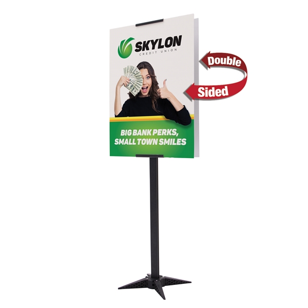 2ft x 5ft Base-X Double-Sided Sign Kit. This signpost's space-saving base folds out to an X shape for a sleek look that draws attention to the signboard.