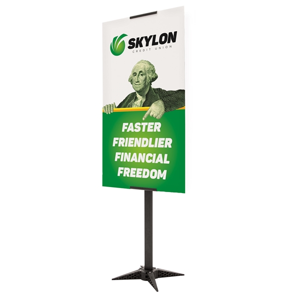 24" x 42" Base-X Single-Sided Sign Kit. This signpost's space-saving base folds out to an X shape for a sleek look that draws attention to the signboard.