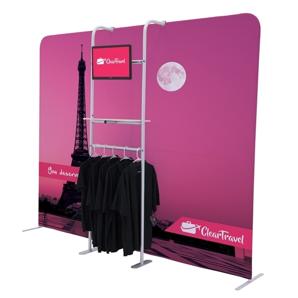 2.5ft x 7ft EuroFit Cascade Hanger Merchandiser Add-On. This Merchandiser kit Add-On adds a monitor, a shelf and an apparel rack to a EuroFit Wall.