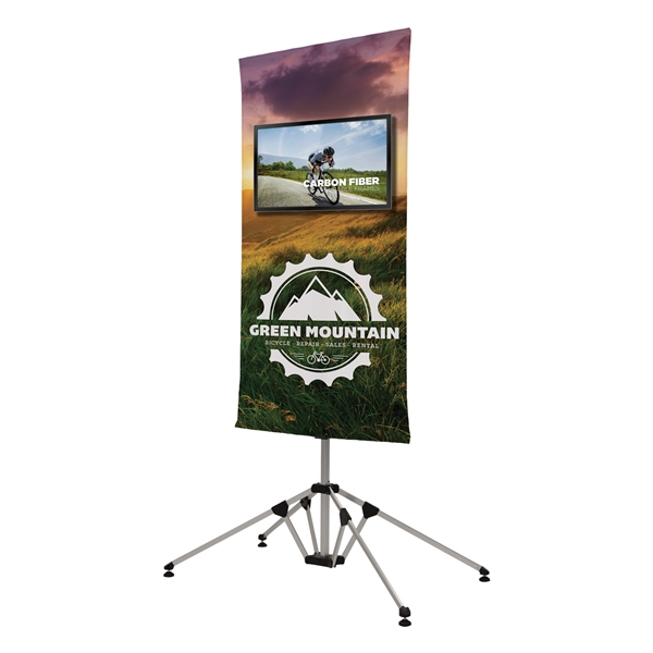 4ft x 7ft Quad Pod Monitor Stand Kit. This innovative monitor stand combines stability with style. A large fabric banner behind the monitor gives you ample space for branding or messaging.