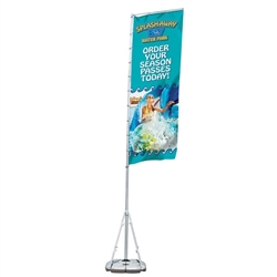 The Giant Outdoor Banner Display rotates with the wind so there is no chance of it blowing over. The telescoping display holds a 42in x 10 foot banner with ease. The rings along the shaft and horizontal banner bar hold the banner open at all times