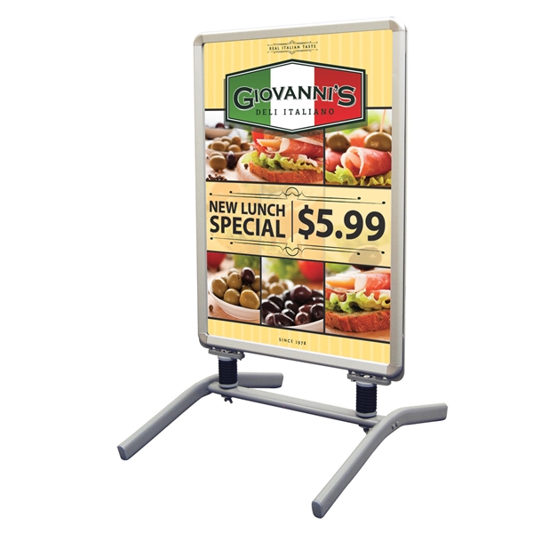 Roll your signage from place to place when mounted on the Poster Flex with Water Base. The handle and wheels make it super easy to move so it is the perfect choice when your signage must be brought indoors overnight.