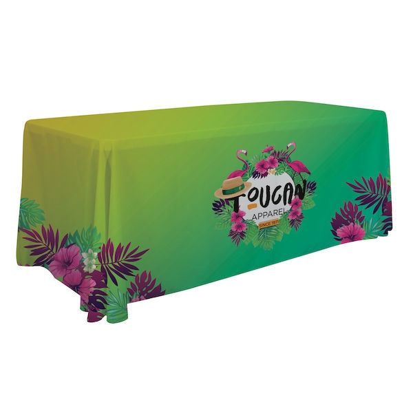 This 6ft Economy table throw offers a professional presentation at your next trade show or event.  This Draped Open Back table cover features custom printed graphics that are dye-sub printed on polyester fabric for a beautiful brand presentation. Our tabl