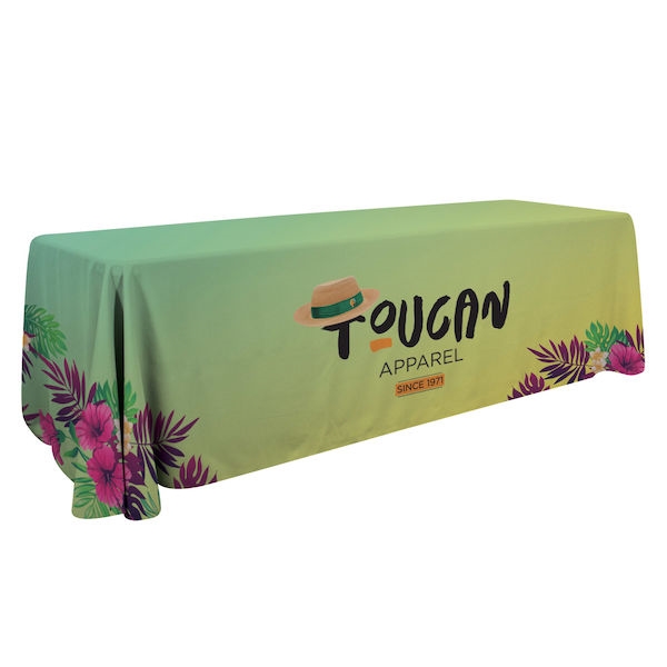 This 8ft Economy table throw offers a professional presentation at your next trade show or event.  This Draped Open Back table cover features custom printed graphics that are dye-sub printed on polyester fabric for a beautiful brand presentation. Our tabl