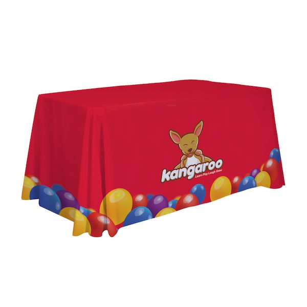 This 4ft Standard table throw offers a professional presentation at your next trade show or event.  This Draped Four Sided table cover features custom printed graphics that are dye-sub printed on polyester fabric for a beautiful brand presentation. Our ta