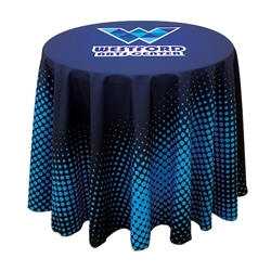 This 2.5ft x 27in High Round table throw offers a professional presentation at your next trade show or event.  This Draped Round table cover features custom printed graphics that are dye-sub printed on polyester fabric for a beautiful brand presentation.