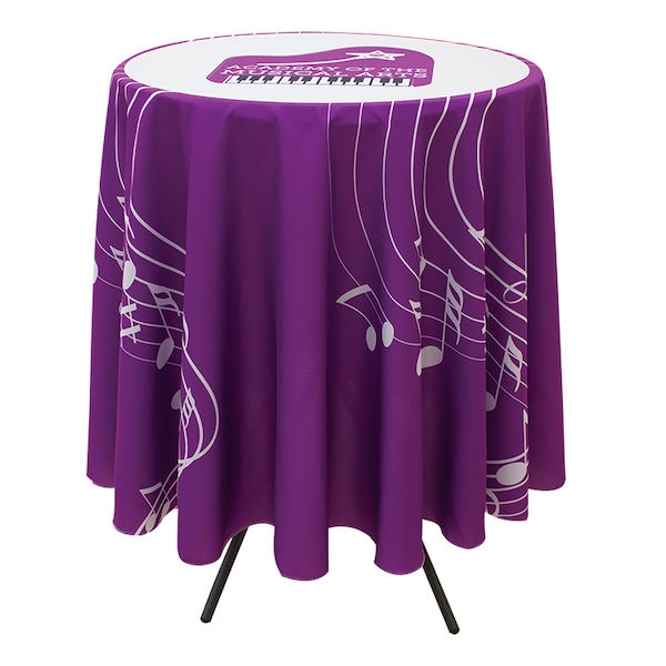 This 2.5ft x 33.25in High Round table throw offers a professional presentation at your next trade show or event.  This Draped Round table cover features custom printed graphics that are dye-sub printed on polyester fabric for a beautiful brand presentatio