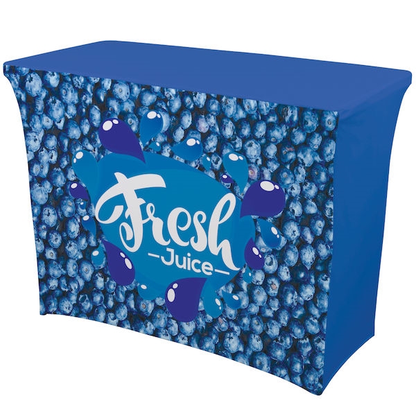 This 4ft Ultrafit Demo table throw offers a professional presentation at your next trade show or event.  This Stretch Four Sided table cover features custom printed graphics that are dye-sub printed on polyester fabric for a beautiful brand presentation.