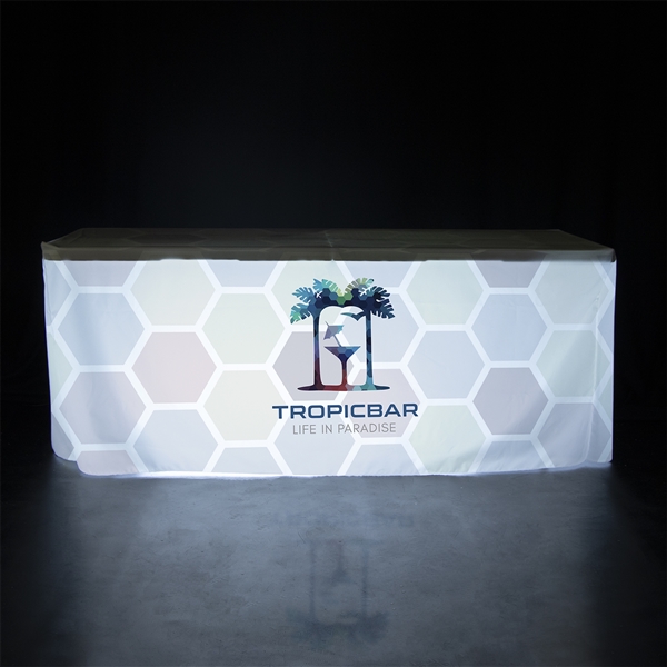 This 6ft Glo Backlit table throw offers a professional presentation at your next trade show or event.  This Fitted Four Sided table cover features custom printed graphics that are dye-sub printed on polyester fabric for a beautiful brand presentation. Ou