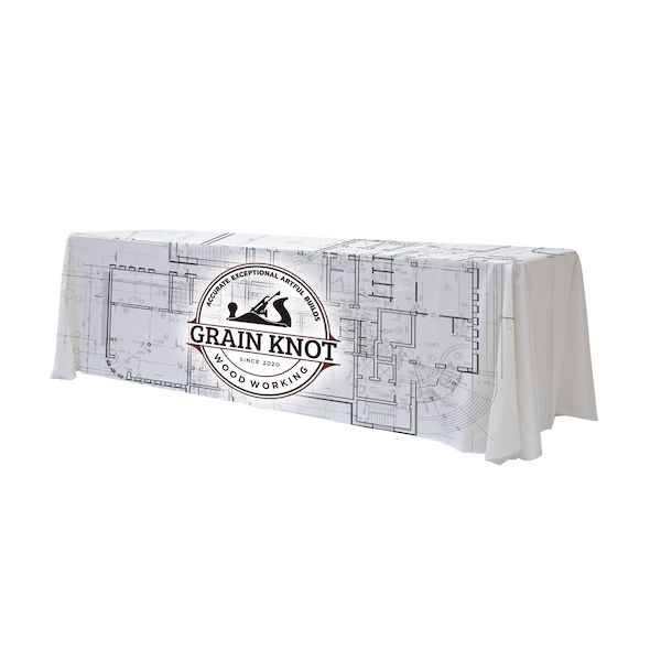 This 8ft Enviro Eco-Friendly table throw offers a professional presentation at your next trade show or event.  This Draped Open Back table cover features custom printed graphics that are dye-sub printed on polyester fabric for a beautiful brand presentati