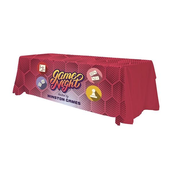 This 8ft Antimicrobial table throw offers a professional presentation at your next trade show or event.  This Draped Four Sided table cover features custom printed graphics that are dye-sub printed on polyester fabric for a beautiful brand presentation. O
