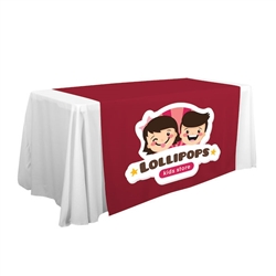 Complete your trade show or presentation with this 57in x 80in custom dye-sub printed table runner.   All of our custom tablecloths are printed with dye-sublimation to give brilliant, rich colors that command attention.